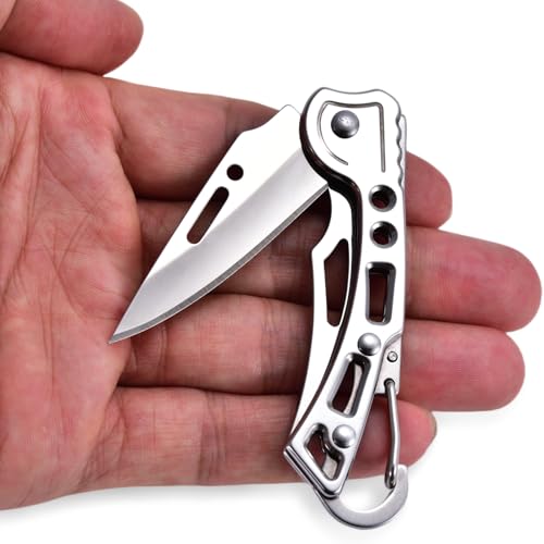 JPCRMOV Mini Klappmesser Taschenmesser Zweihandmesser, Outdoor klein Messer Edelstahl mit Schwanzschnalle Karabiner Clip - Klingenlänge 5cm - Gewicht 39g von JPCRMOV