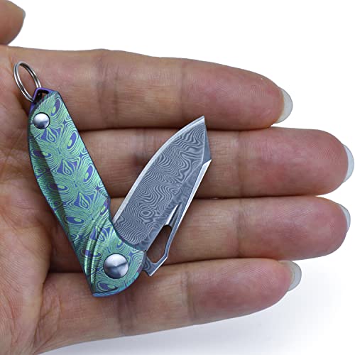 JPCRMOV Mini Klappmesser Damast Taschenmesser Outdoor Messer Schlüsselanhänger Tc4, klein Survival Messer Neck Knife EDC Camping (Grün) von JPCRMOV