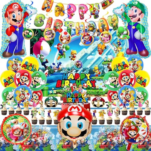 Geburtstagsdekoration für kinder, 57 Stück deko zum Thema Spiele set Enthäl banner, Hängende Wirbel, Hintergrundtuch, Augenmasken, Folienballons, Torten dekoration, Tischdecke, Latexballons Geburtstagsdekoration für kinder, 57 Stück deko zum Thema Spiele set Enthäl banner, Hängende Wirbel, Hintergrundtuch, Augenmasken, Folienballons, Torten dekoration, Tischdecke, Latexballons von JPWPFAA