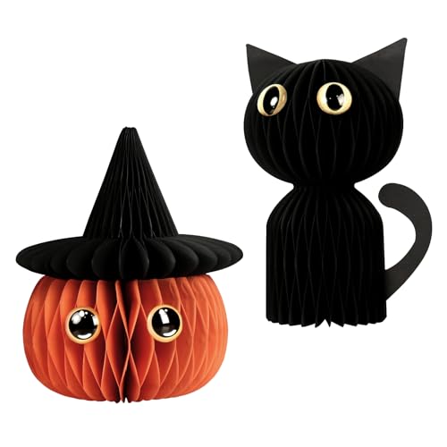 Halloween-Papier-Wabendekorationen, schwarze Katze und orangefarbener Kürbis mit Hexen-Party-Dekoration, 2 Stück Halloween-Papier-Wabendekorationen, schwarze Katze und orangefarbener Kürbis mit Hexen-Party-Dekoration, 2 Stück von JPXH