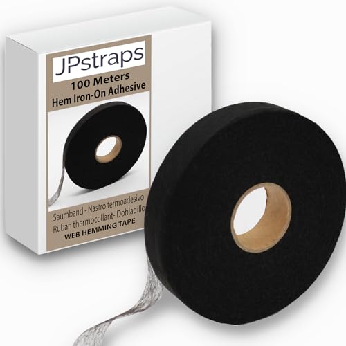 JPstraps Saumband (100 m x 20 mm), doppelseitiges Klebeband, Fliselin, zum Aufbügeln für Stoff, Vorhänge, Hosen, Jeans, Flicken und Uniformen (schwarz) von JPstraps