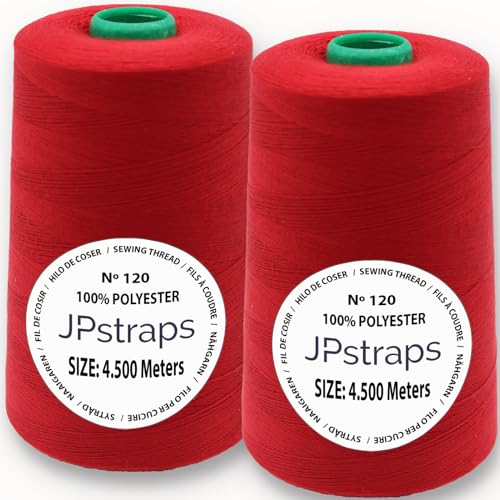 JPstraps Starkes Nähgarn, 2 große Spulen (4.500 Meter x 2), 100 % Polyester, reißfest, Nr. 120, zum Nähen, Polstern, Quilten, Patchwork, Overlock (rot) von JPstraps