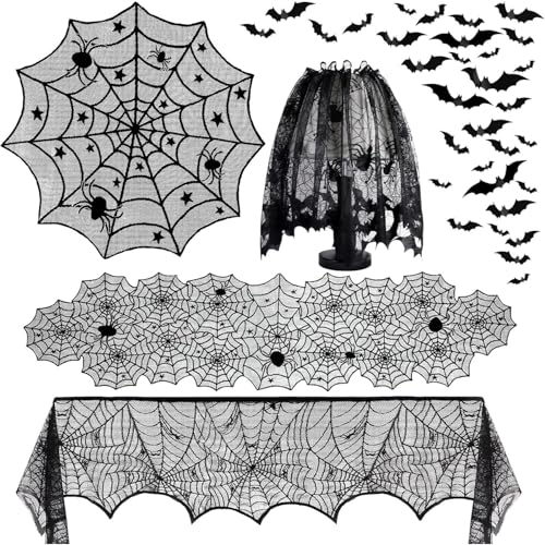 5er-Pack Halloween-Dekorationen: Indoor-Spinnennetz-Tischdecken, Tischläufer, Kaminsims, Spinnennetz-Lampenschirme und gruselige 3D-Fledermäuse für gruselige Heimdekoration 5er-Pack Halloween-Dekorationen: Indoor-Spinnennetz-Tischdecken, Tischläufer, Kaminsims, Spinnennetz-Lampenschirme und gruselige 3D-Fledermäuse für gruselige Heimdekoration von JQTOP