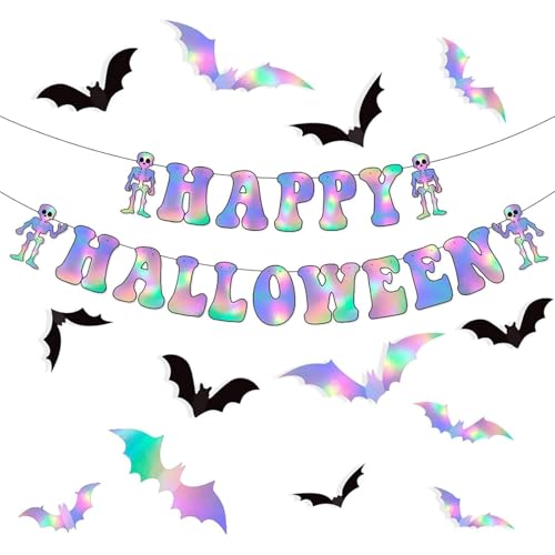 Halloween Schillernde holografische Fledermaus-Dekorationen, 17 Stück Neon Glitzer 3D Wandaufkleber & Banner für Kindergeburtstagsfeiern Hotel Transsilvanien Themed Hanging Supplies (style-1) von JQTOP