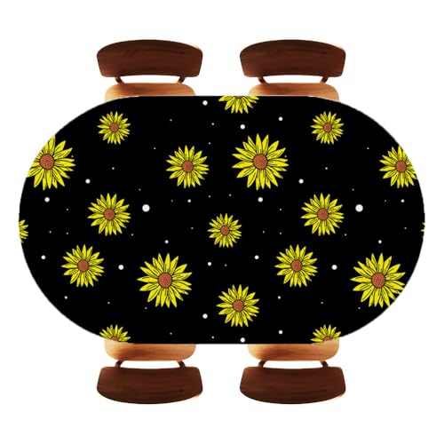 JRASJNI Ovale Tischdecke, nahtlos, Sonnenblumen, schwarzer Hintergrund, elastische Kanten, wasser- und öldicht, für drinnen und draußen, passend für ovale Tische mit 106,7 x 152,4 cm, Stil 13 von JRASJNI