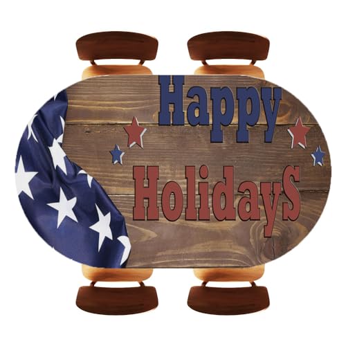 JRASJNI Ovale Tischdecke mit elastischem Rand, Aufschrift "Happy Holiday", amerikanische Flagge auf Holzstruktur, Tischdecke für Picknick, Esszimmer, Picknick, Hochzeit, Party, passend für ovale von JRASJNI