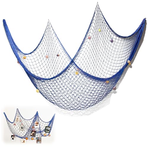 Fischernetz Deko Blau mit Muscheln, 100×200 cm Maritimes Deko Netz Fischernetz Fotowand Deco Mesh Fish Net, Mediterrane Wanddeko zum Aufhängen für Fotos aufhängen Wohnzimmer Kinderzimmer Themenpartys von JRILUO