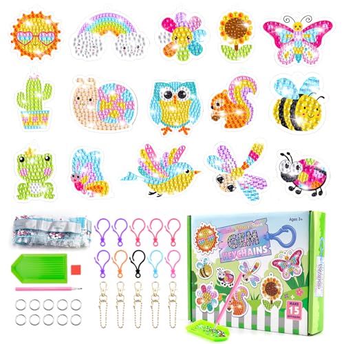 JRILUO Diamond Painting Anhänger Schlüsselanhänger Set, 15 Stücke 5D Tier Diamant Schlüsselanhänger Karikatur Gem, Diamond Art Painting Keychain mit Schlüsselanhänger und Toolkits für Kinder von JRILUO