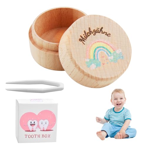 Zahndose Milchzähne Mädchen & Junge Personalisiert, Milchzahndose Personalisiert Aus Holz Mit Kleine Pinzette, Regenbogen Zahnbox Für Baby Zahn Aufbewahrung Milchzähn von JRILUO