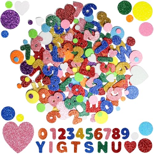 390 Stück Glitter Aufkleber, Selbstklebendes Glitzer Schaumstoff Stickers, Buchstaben Moosgummi/Zahlen Aufkleber, Bunte Herz/Rund Sticker für Kinder Basteln, Heimdekoration von JRJRN