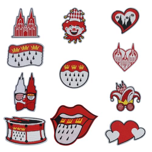 10 Stück Kölner Karneval Bügelflicken,Bügelbilder Karneval, Rot Weiß Süße Bestickte Reparaturflicken, Applikationen für Kleidung, Hosen, Hüte, Jeans, Nähen, Bastelzubehör von JRSHIRLEYLTD