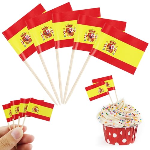 110 Stück Spanien Zahnstocher Flaggen, Spanische Deko Fahne Klein Mini Zahnstocher für 2024 EM Euro Eurovision Song Contest Olympische Cupcake Topper Toothpick Cocktail Partydeko Pub Deko von JRSHIRLEYLTD