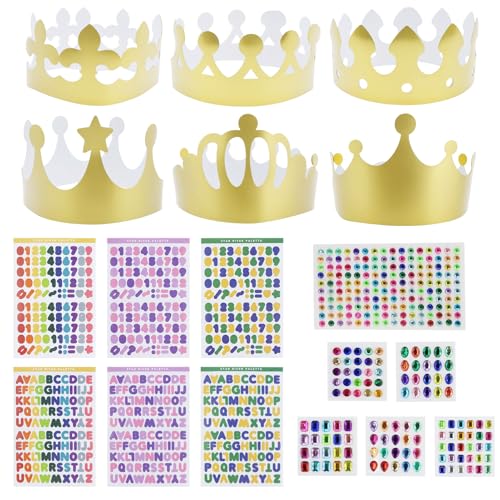 19 Stück Papier Krone Partyhüte mit 6 Blatt Alphanumerische Aufkleber und 6 Blatt Selbstklebende Strasssticker, Golden Paper Crowns, Diy Party Krone Geburtstag, für Junge Mädchen Geburtstagsfeier von JRSHIRLEYLTD