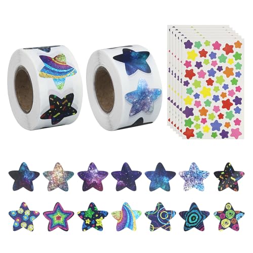 2 Rollen Sterne Aufkleber, Sticker Sterne Space Theme,Glitzer Belohnung Sternaufkleber Rolle, Selbstklebend Stern Aufkleber für Bastelarbeiten, Aktivitäten Bunt von JRSHIRLEYLTD