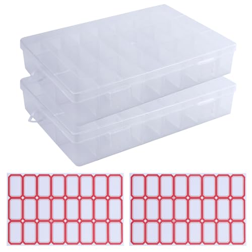 2 Stück Kleinteile-Sortimentsboxen, 24 Fächer Kunststoff-Sortierbox, transparente wiederverwendbare Aufbewahrungsbox, mit 2 Blättern Etikettenaufkleber, für Schmuck, Ohrringe, Ringe, Halsketten von JRSHIRLEYLTD