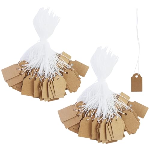 200 Stück Mini Preisschilder Anhänger mit Elastische Kordel, 25 x 15mm Etiketten Anhänger, Braun Kleinen Hängeetiketten Markierungsetiketten für Schmuck Display von JRSHIRLEYLTD