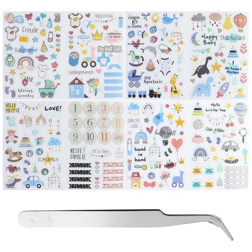 212 Stickers 4 Stück Babyalbum,aufkleber für Kinder und Baby Fotoalben, 8 Bögen Din-A4 DIY Scrapbooking aufkleber zum Gestalten, Baby-Scrapbook-aufkleber mit 1 Stück Ellenbogenpinzette von JRSHIRLEYLTD