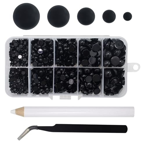 760 Stück schwarze Bastelperlen, halbrunde Perlen mit 1 Stück Edelstahlpinzette und 1 Stück Spitze Stift, flache Perlen für Bastelarbeiten, Schmuck, Nagelkunst (4/5/6/8/10 mm) von JRSHIRLEYLTD