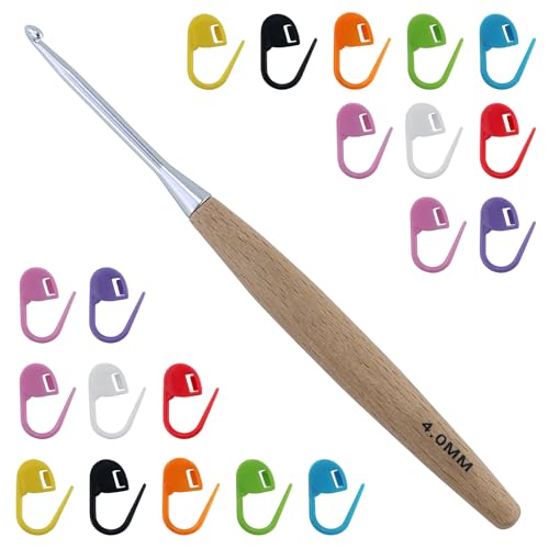 Buchenholz 4,0 mm Häkelnadel mit 20 Stück Maschenmarkierern, Metallhäkelnadeln weicher Griff, ergonomische Häkelnadel, leichte Häkelnadeln für künstliche Hände, handwarme Häkelnadel 7/0 UK-Größe Buchenholz 4,0 mm Häkelnadel mit 20 Stück Maschenmarkierern, Metallhäkelnadeln weicher Griff, ergonomische Häkelnadel, leichte Häkelnadeln für künstliche Hände, handwarme Häkelnadel 7/0 UK-Größe von JRSHIRLEYLTD