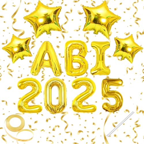 Graduation Deko, Party Deko, 13 Stück Silvester Ballons Inklusive 4 * 2025 Zahlen 3*ABI Buchstaben 4*Sterne 1*Strohhalm 1*Bandrolle, Für Die Graduation Feko Party 2025 (Gold) von JRYBXS