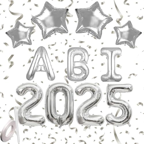 Graduation Deko, Party Deko, 13 Stück Silvester Ballons Inklusive 4 * 2025 Zahlen 3*ABI Buchstaben 4*Sterne 1*Strohhalm 1*Bandrolle, Für Die Graduation Feko Party 2025 (Silber) von JRYBXS