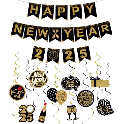 Silvester Banner, Silvester Deko 2025, 23 Stück Silvester Deko 2025 Hängende Wirbel Dekoration Schwarz Gold Spiral Girlanden für Deko Silvester Party 2025 NeuJahr Party Deko von JRYBXS