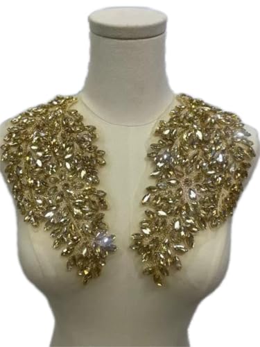 JRYYR 1 Paar handgefertigte Strass-Applikationen zum Selbermachen von Kleidung, Applikationen, 27,2 x 15 cm, Hochzeitskleid, Dekoration, Blatt-Blumen-Applikation (Gold) von JRYYR