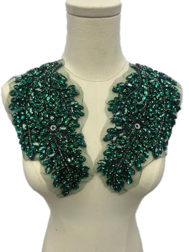 JRYYR 1 Paar handgefertigte Strass-Applikationen zum Selbermachen von Kleidung, Applikationen, 27,2 x 15 cm, Hochzeitskleid, Dekoration, Blatt-Blumen-Applikation (grün) von JRYYR