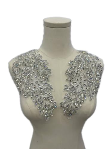 JRYYR 1 Paar handgefertigte Strass-Applikationen zum Selbermachen von Kleidung, Applikationen, 27,2 x 15 cm, Hochzeitskleid, Dekoration, Blatt-Blumen-Applikation (weiß) von JRYYR