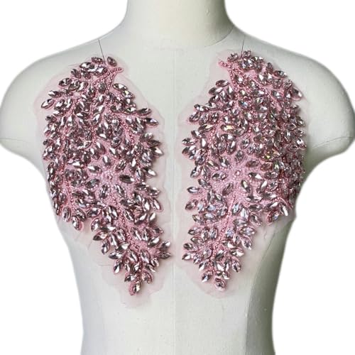 JRYYR 1 Paar handgefertigte Strass-Applikationen zum Selbermachen von Kleidung, Applikationen, 27,2 x 15 cm, Hochzeitskleid-Dekoration, Blatt-Blumen-Applikation (Rosa) von JRYYR