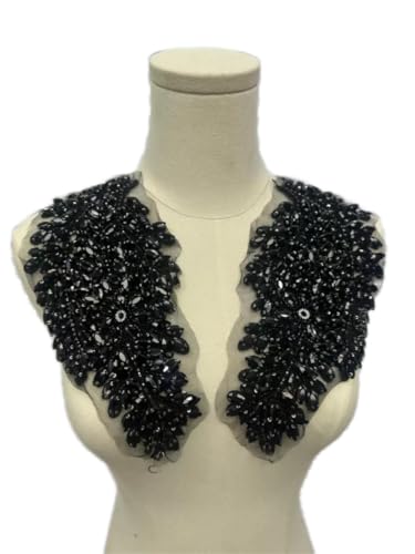 JRYYR 1 Paar handgefertigte Strass-Applikationen zum Selbermachen von Kleidung, Applikationen, 27,2 x 15 cm, Hochzeitskleid-Dekoration, Blatt-Blumen-Applikation (schwarz) von JRYYR