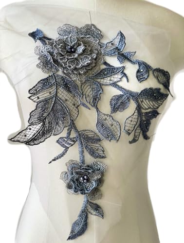 JRYYR Blumen-Pailletten-Applikation, handgefertigt, zum Aufnähen, 3D-Blumen-Applikationen für Kleidung, Kleider, Tanzkostüme, Taschen, Heimdekoration (Grau-Blau-B) von JRYYR