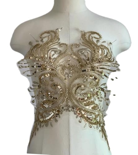 JRYYR Blumen-Paillettenapplikation, goldene Applikationen, DIY-Zubehör, Applikation, Aufnäher, Perlenapplikationen für Kleider, Tanzkleidung, Abendkleider, Bekleidung und mehr (Gold) von JRYYR