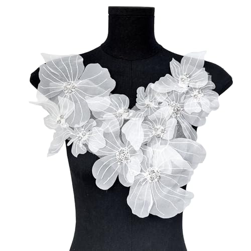 JRYYR Blumen-Spitzenapplikationen, 3D-Stickerei-Aufnäher für Kleider, weiße Blumen-Applikationen für Kleidung, Taschen, Schmuck, DIY Handwerk (Weiß-2) von JRYYR