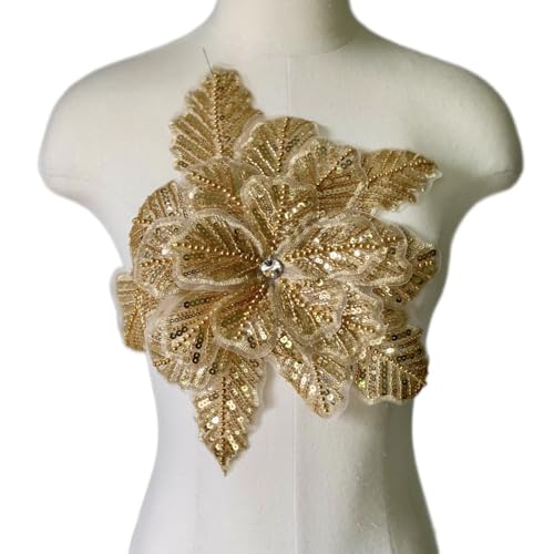 JRYYR Handgefertigte Strass-Spitzenapplikationen, Pailletten-Blumen-Patches, Nähen Perlenapplikationen für Kleider, Hochzeitskleider, Taschen und andere DIY-Deko-Accessoires (Gold-08) von JRYYR