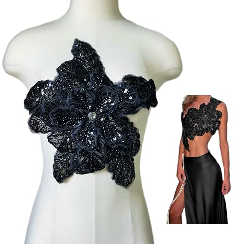 JRYYR Handgefertigte Strass-Spitzenapplikationen, Pailletten-Blumen-Patches, Nähen Perlenapplikationen für Kleider, Hochzeitskleider, Taschen und andere DIY-Deko-Accessoires (Schwarz-07) von JRYYR