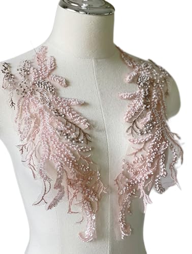 JRYYR Perlen-Spitzenapplikation, florales Pailletten-Patch, Silber-Applikation für DIY-Ausschnitt, Hochzeit, Brautkleid, Ballkleider, Kostüme, 35,8 x 12,4 cm, 1 Paar (Rosa) von JRYYR