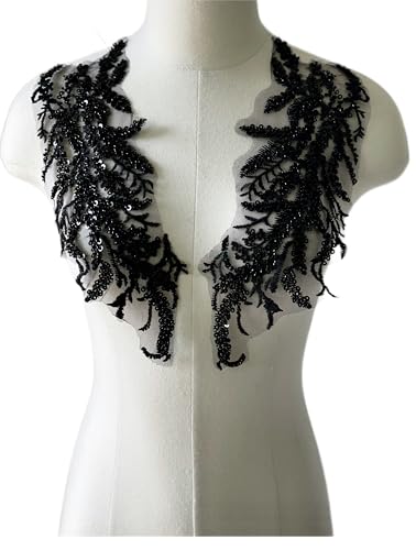 JRYYR Perlen-Spitzenapplikation, florales Pailletten-Patch, Silber-Applikation für DIY-Ausschnitt, Hochzeit, Brautkleid, Ballkleider, Kostüme, 35,8 x 12,4 cm, 1 Paar (schwarz) von JRYYR