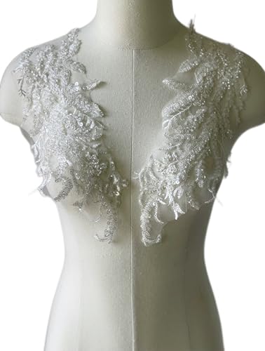 JRYYR Perlen-Spitzenapplikation, florales Pailletten-Patch, Silber-Applikation für DIY-Ausschnitt, Hochzeit, Brautkleid, Ballkleider, Kostüme, 35,8 x 12,4 cm, 1 Paar (weiß) von JRYYR