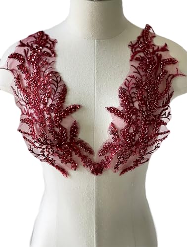 JRYYR Perlen-Spitzenapplikation, florales Pailletten-Patch, silberfarbene Applikation für DIY-Ausschnitt, Hochzeit, Brautkleid, Ballkleider, Kostüme, 35,8 x 12,4 cm, 1 Paar (Burgunderrot) von JRYYR
