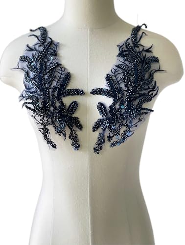 JRYYR Perlen-Spitzenapplikation, florales Pailletten-Patch, silberfarbene Applikation für DIY-Ausschnitt, Hochzeit, Brautkleid, Ballkleider, Kostüme, 35,8 x 12,4 cm, 1 Paar (Marineblau) von JRYYR
