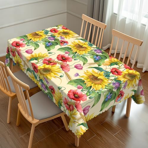 JRZHXYA Bunte Blumen-Tischdecke, 137 x 183 cm, Sonnenblume, Kornblume, Mohnblume und Gerste, rechteckig, waschbar, Tischdecke für Party, Picknick, Abendessen, Dekoration von JRZHXYA