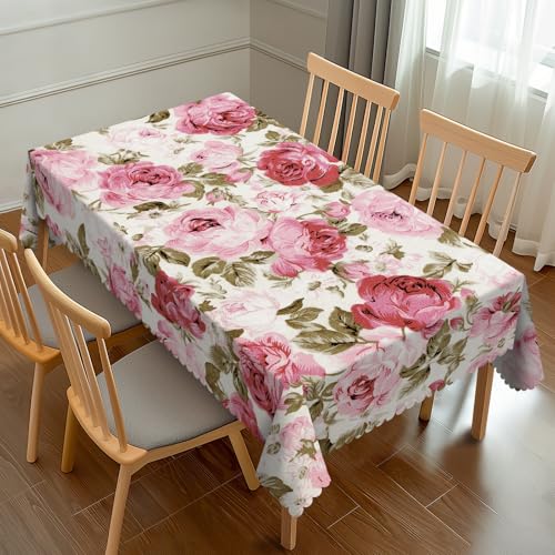 JRZHXYA Tischdecke im Retro-Stil mit rosafarbenen Rosen, 137,2 x 183,9 cm, Vintage-Blumenmuster, Aquarell, elegante Blumen, rechteckig, waschbar, Tischdecke für Party, Picknick, Abendessen, Dekoration von JRZHXYA