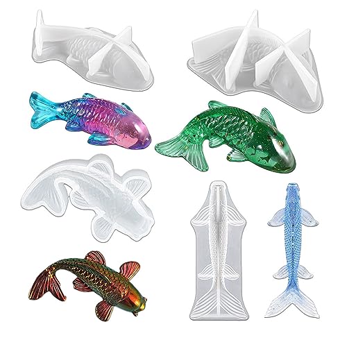 JS MOLD 4 Stück Koi Fisch Silikonharzform,Koi Fisch Harz Casting Formen DIY Klar Silikonform Epoxidharz Gießform Resin Formen Fondant Form für Anhänger Schmuck Machen von JS MOLD