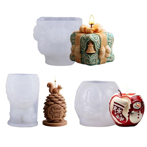 JS MOLD Kerzen Gießform Weihnachten,Elch, Weihnachtsmann, Tannenzapfen, Glöckchen,Weihnachtsbaum Kerzenform, DIY Silikonform für Weihnachten Deko (3-SET) von JS MOLD