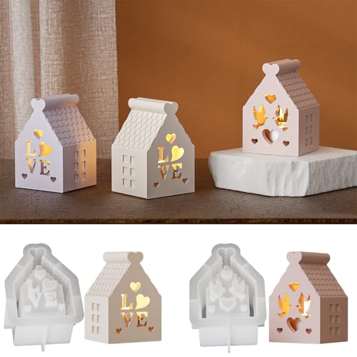 JS MOLD Silikonform Kerzenhalter,Rund GießForm Kerzenhalter,Silikon Gießformen für Kerzen Blumentöpfe,Silikonformen für Beton Gips DIY Kerzen Vase Blumentopf (Durchbrochenes Haus-2er-Set) von JS MOLD