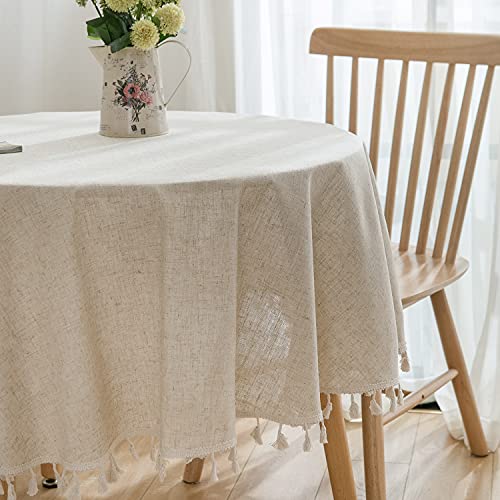 Runde Baumwoll-Leinen-Tischdecke, beige, Jute-Tischdecke, 120 cm, fester Stoff, Tischdecke mit Quasten für Küche, Esszimmer, Tee, Kaffee, Schreibtisch, Party, Hochzeit, Urlaub (119,4 cm) von JSF