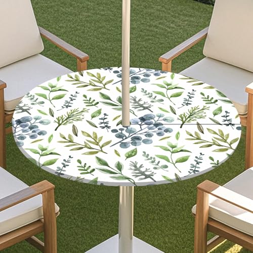 JSJHJZJ Runde Tischdecke for den Außenbereich, Tischdecke mit grünen Pflanzen und Reißverschluss, wasserdichte Tischdecke mit Regenschirmlöchern for Terrassengarten, Camping und Picknick(H,S) von JSJHJZJ