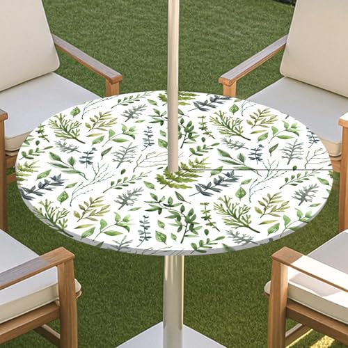 JSJHJZJ Runde Tischdecke for den Außenbereich, Tischdecke mit grünen Pflanzen und Reißverschluss, wasserdichte Tischdecke mit Regenschirmlöchern for Terrassengarten, Camping und Picknick(I,M) von JSJHJZJ