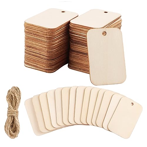 100 Stück Holz Anhänger, Geschenkanhänger, Rechteck Holzherzen Mit 2m Jute Schnur für DIY Kunsthandwerk, Hochzeit, Weihnachten, Thanksgiving von JSMTKJ
